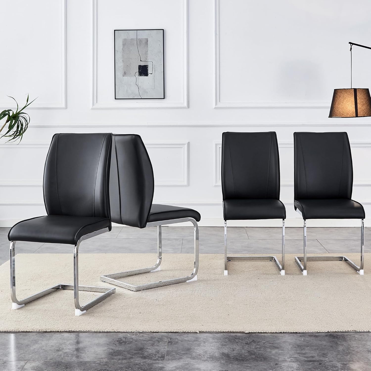 SUDICA Set of 4 Black PU Leather Dining Chairs, Modern High Back Upholstered Chairs with Chrome Metal Legs for Dining Room and Kitchen