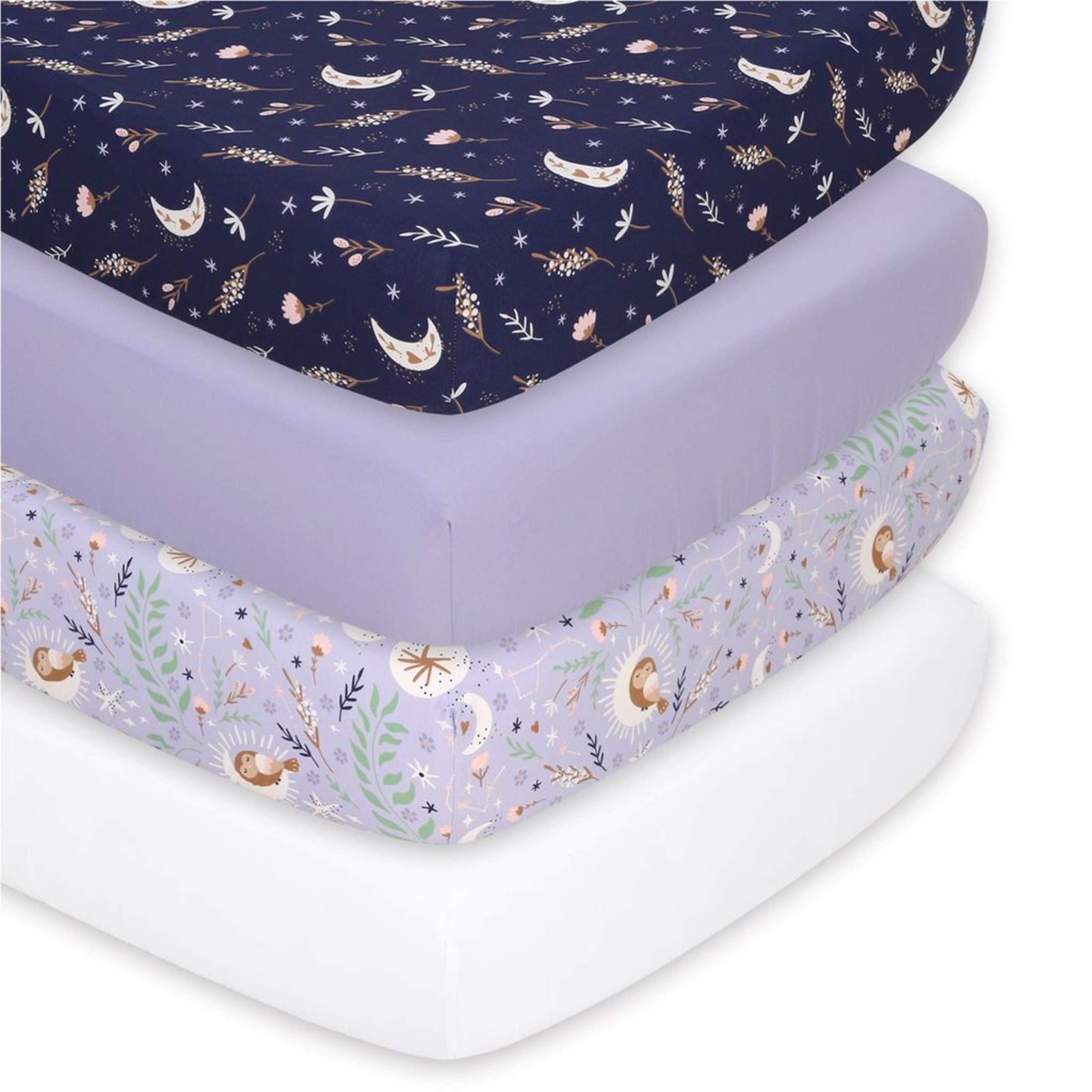 The Peanutshell Purple Floral Moon Celestial Microfiber Fitted Crib Sheets for Baby Girl, 4 Pack Set
