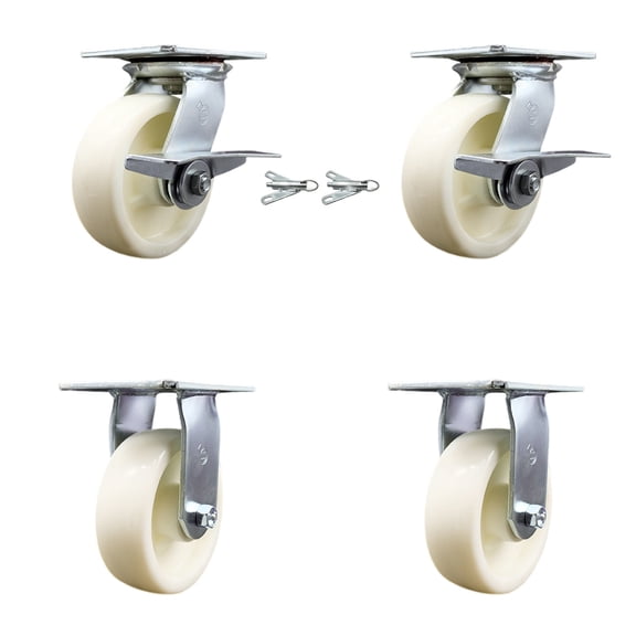 6 Inch Nylon Caster Set 2 Brakes/Swivel Locks and 2 Rigid Service Caster Brand