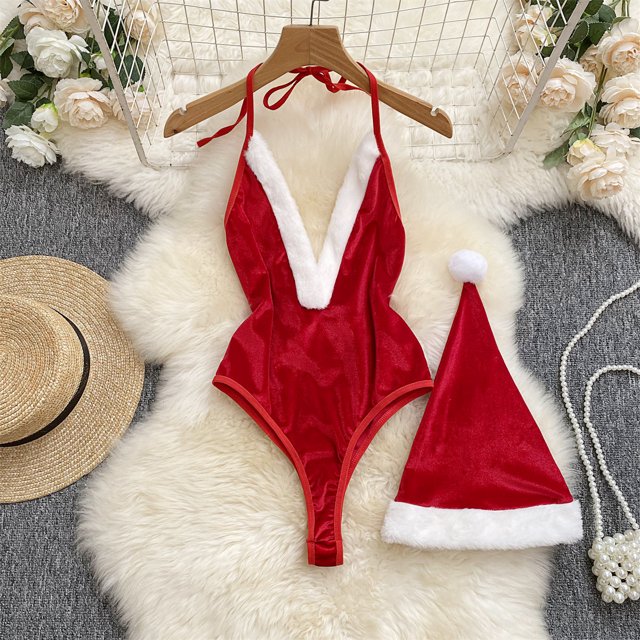 QueenLine Red Christmas Sexy Lingerie Cosplay Rabbit Jumpsuit Belt Backless Hollow Out Lace-up Sweet Bodysuit (Red, L)