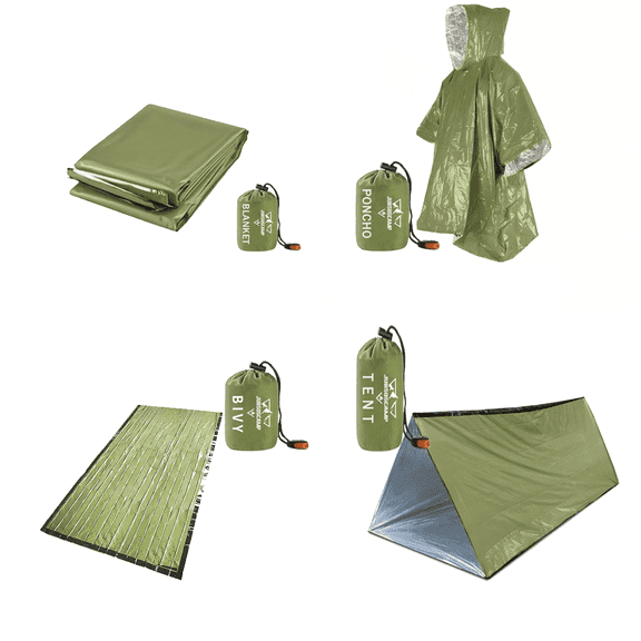 4-Pack Survival Kit, with Survival Tent, Emergency Sleeping Bag, Mylar Blankets, Rain Poncho, Tac Bags&120 db Emergency Whistles, for Car Camping Gear Camping Hiking Reusable Emergency Shelter.