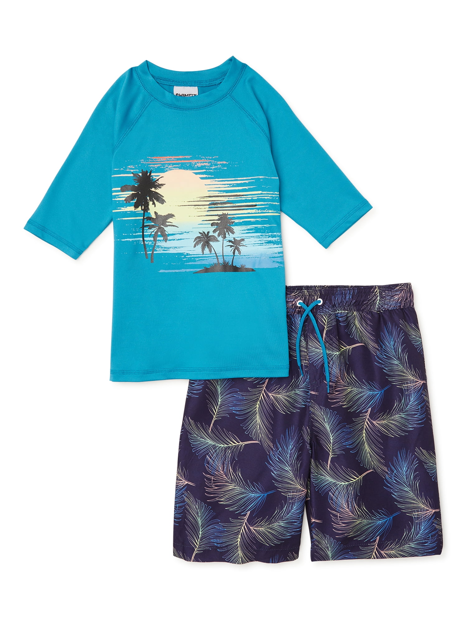 SWIMFIX Boys Short Sleeve Rash Guard and Swim Trunks, 2Piece Swim Set