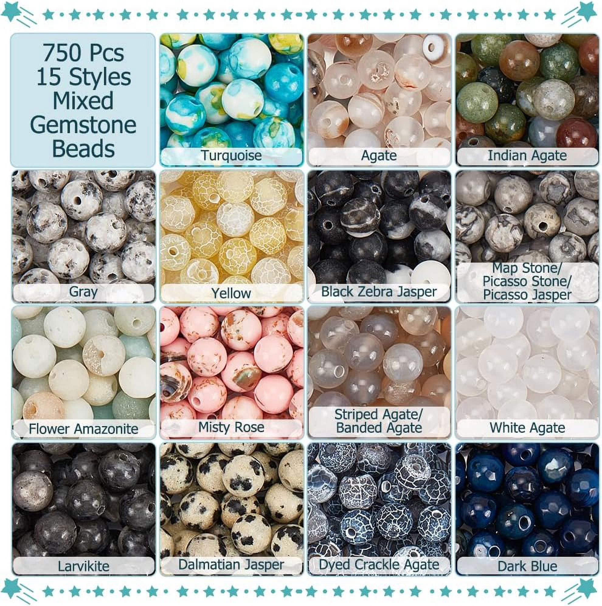 750 Pcs 15 Styles Natural Round Stone Beads Mixed Gemstone Beads Kits 6mm Crystals Gemstone Beading Loose Spacer Beads for Bracelet Necklace Earrings Jewelry Making Hole: 1mm