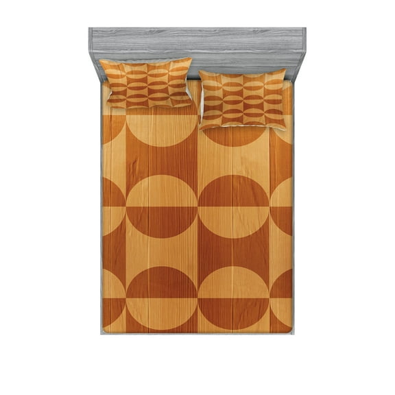 Ambesonne Rustic Fitted Sheet & Pillow Sham Set, Abstract Oak Planks, Full, Orange and Tan