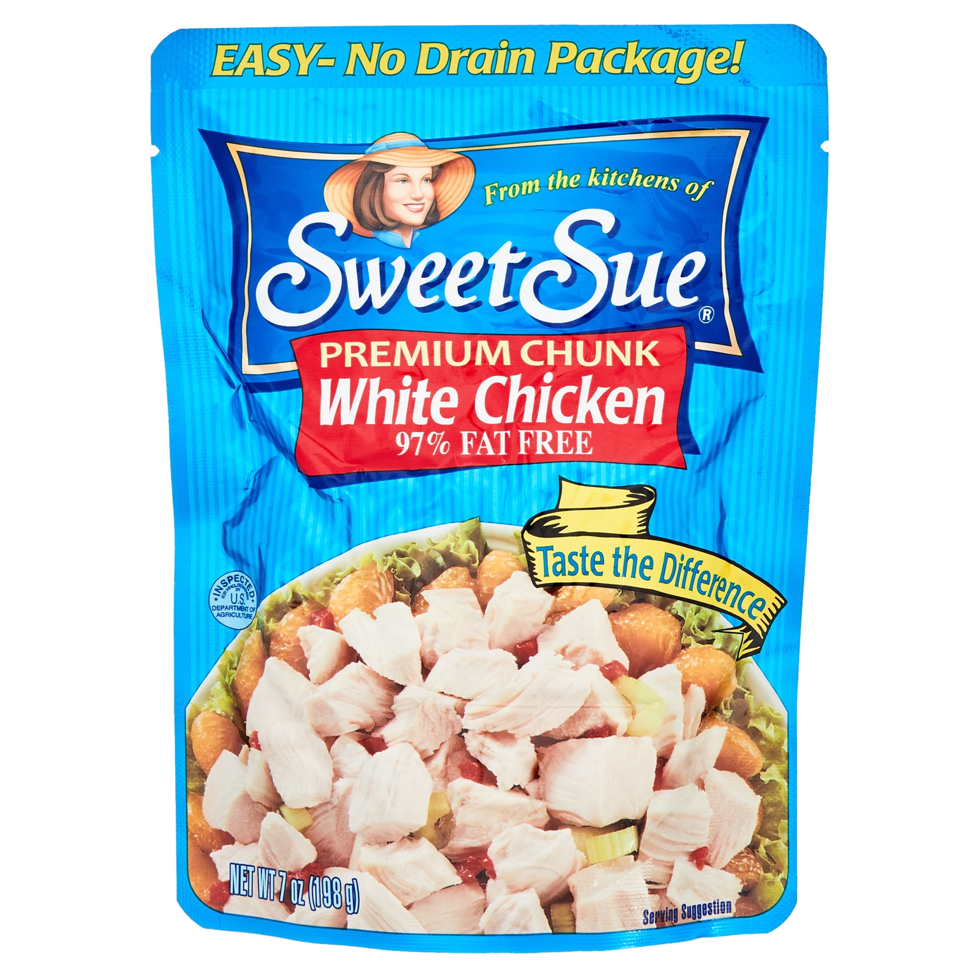Sweet Sue Premium Chunk Chicken Breast, 97% Fat Free, 13g Protein Per Serving, Gluten Free, Ready to Eat, Shelf Stable Pouch, 7 oz