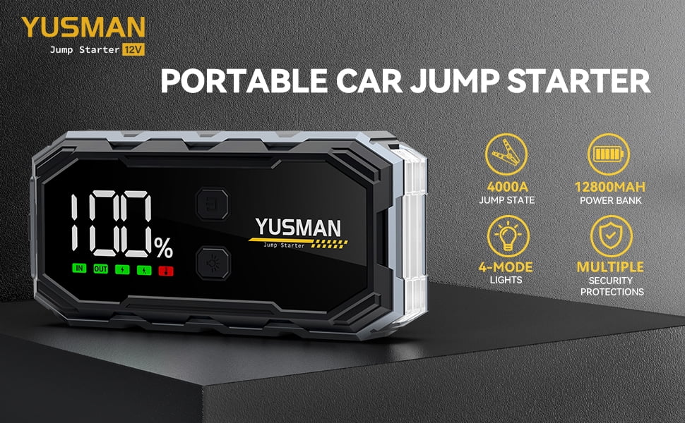 YUSMAN Car Jump Starter, 4000A 12V Jump Battery Pack (8.0 Gas/6.0L Diesel), Portable Jump Starter with Display, Smart Jumper Cables, Quick Charge 3.0, LED Light Emergency