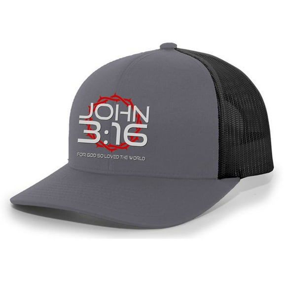 Christian John 3:16 For Got So Loved The World Mens Embroidered Mesh Back Trucker Hat, Charcoal/Black