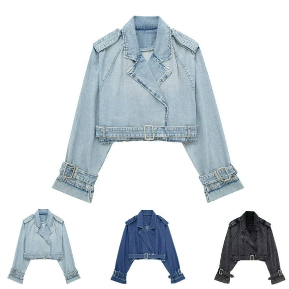 FRSASU Women's fashionable and comfortable Biker Denim Jacket Short Vintage Lapel Long Sleeve Belt Jean Coat Navy