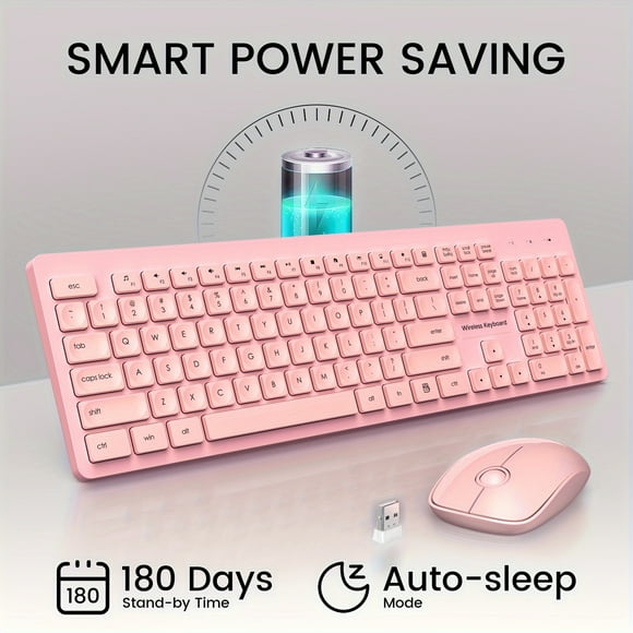Wireless Keyboard And Mouse Set, 2.4GHz Ultra-Slim USB Keyboard And Mouse Wireless, Water-Dropping Keycaps, 12 Shortcuts, Keyboard Mouse Combo For PC Laptop Windows XP/7/8/10, Vista, Mac (Pink)