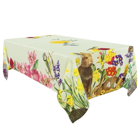 LUSHVIDA Easter Rectangle Tablecloth - 60 x 84 inch Spring Flower Bird and Rabbit Pattern Tablecloth, Multi-use Washable Polyester Spring Tablecloth for Party, Banquet, Dinner Decoration, Beige