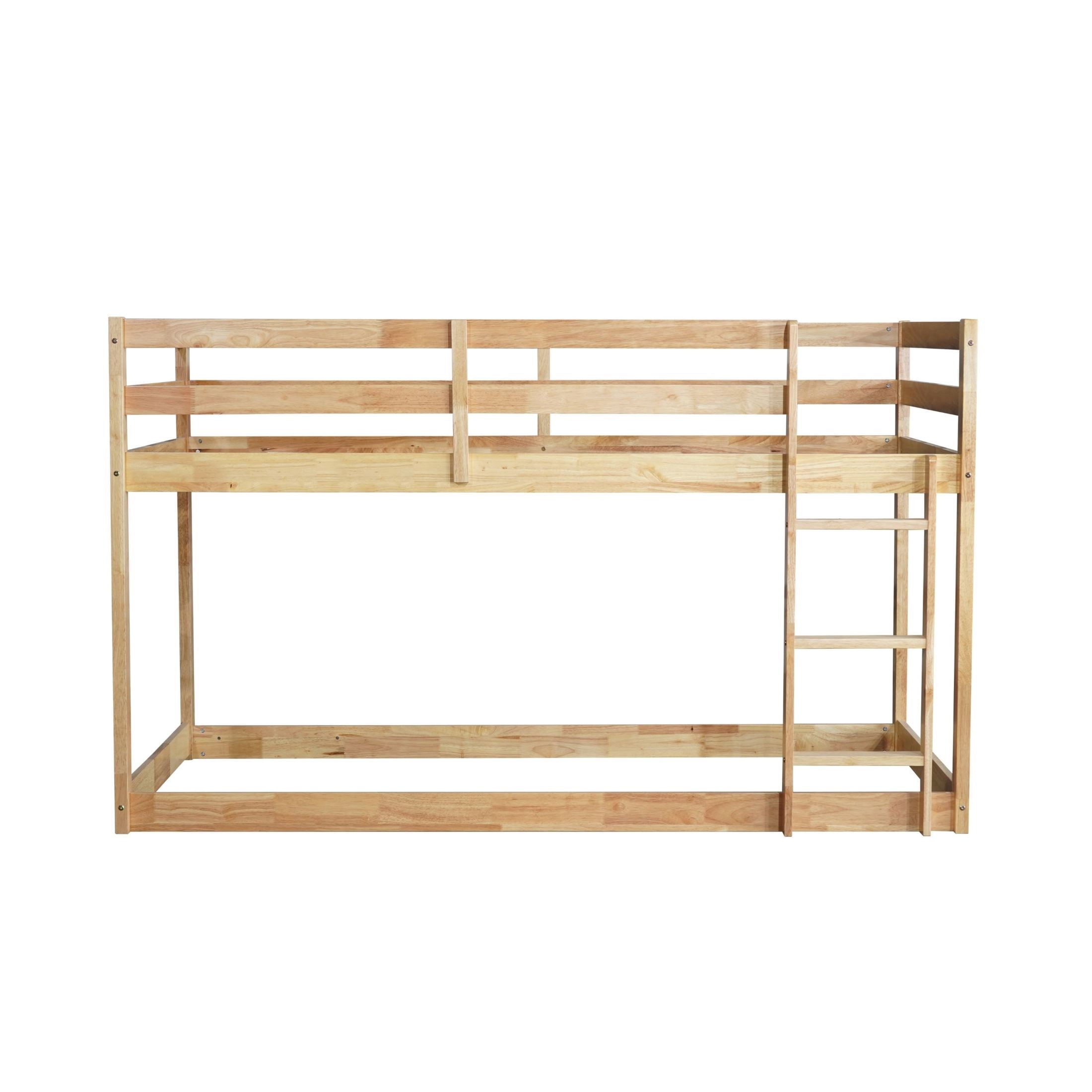 Noble House Jerome Twin Over Twin Floor Bunk Bed with Ladder, Solid Rubber Wood Frame with Strengthened Slats, Natural