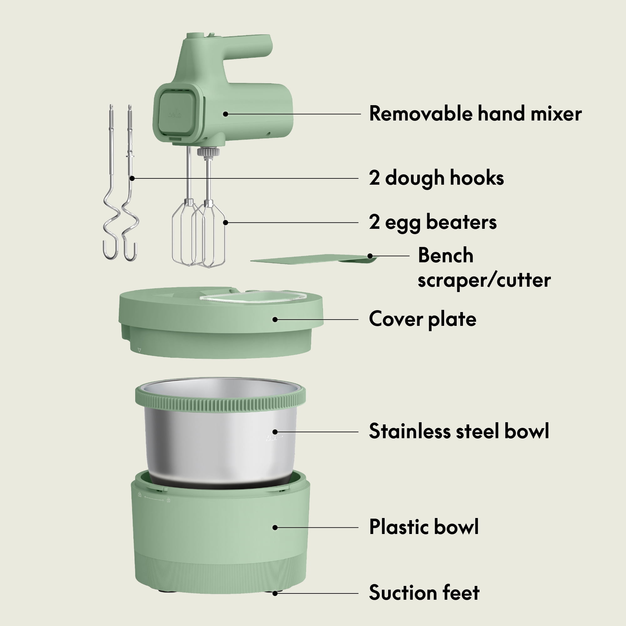 bella 3.5 Qt Hand & Stand Mixer, 2 in 1 Electric Mixer with Bowl, Dough Hook, Whisk & Egg Beater, Seaglass