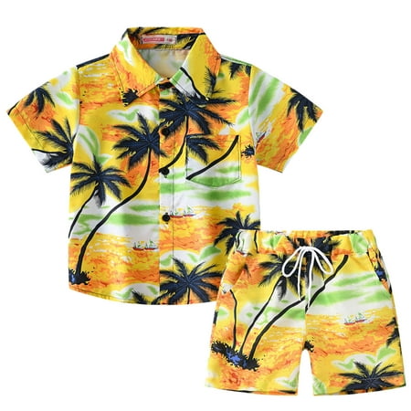 

Lovely Casual Sets For Children Boys Leaf Printed Turn-Down Collar Short Sleeve Summer Coconut Tree Tops Shorts 2PCS Outfits Clothes Lovely Holiday Sports Fashion Sets