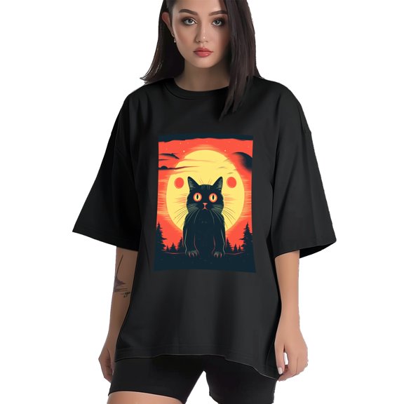 Plus Size Shirt for Women Black Tops for Women Short Sleeves Shirt for Women Retro Black Cat T Shirt Crewneck Shirt for Women XS