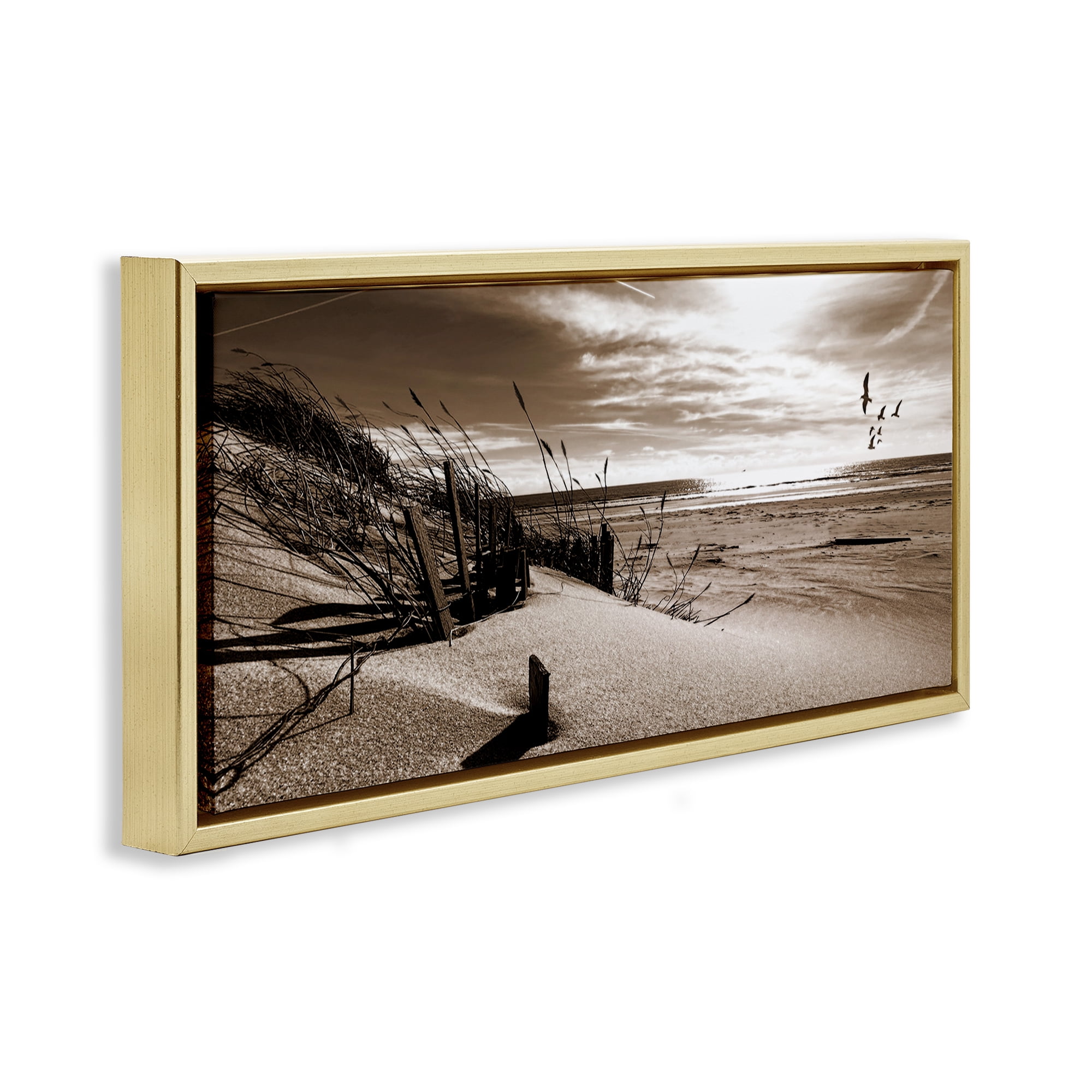 Stupell Industries Zen Sands Beach Landscape Photography Gold Floater Framed Canvas Art Print Wall Art, 31 x 14