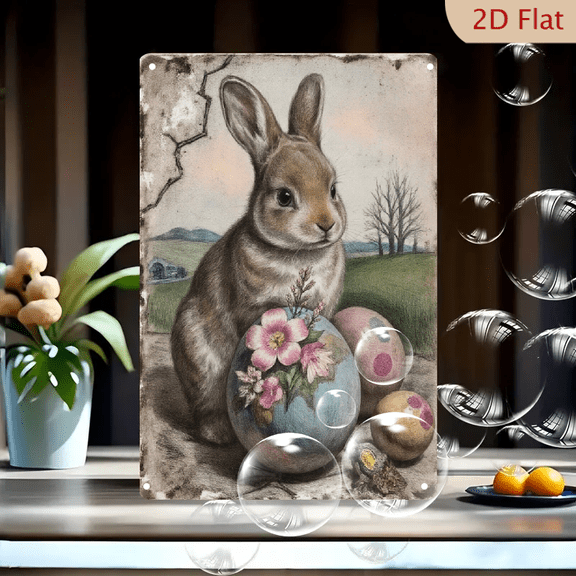 1pc Metal Wall Art, 8x12 Inches, Vintage Easter Rabbit with Decorated Eggs on Rock, Pastoral Landscape Background, Antique Style Spring Home Decor for Living