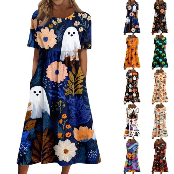Halloween Summer Dresses for Women Novelty Cartoon Ghost Cocktail Dresses Short Sleeve Fashion Relaxed Fit Flowy Midi Halloween Costumes Dresses Blue S