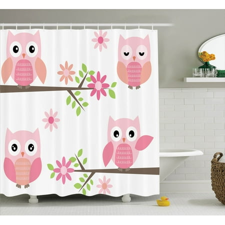 Owl Bathroom Accessories Owls Home Decor Shower Curtain Set, Cute Baby Owls Waving In The Floral Tree Springtime Artful Girly Design Print, Bathroom Accessories, 69W X 70L Inches, By Ambesonne ()