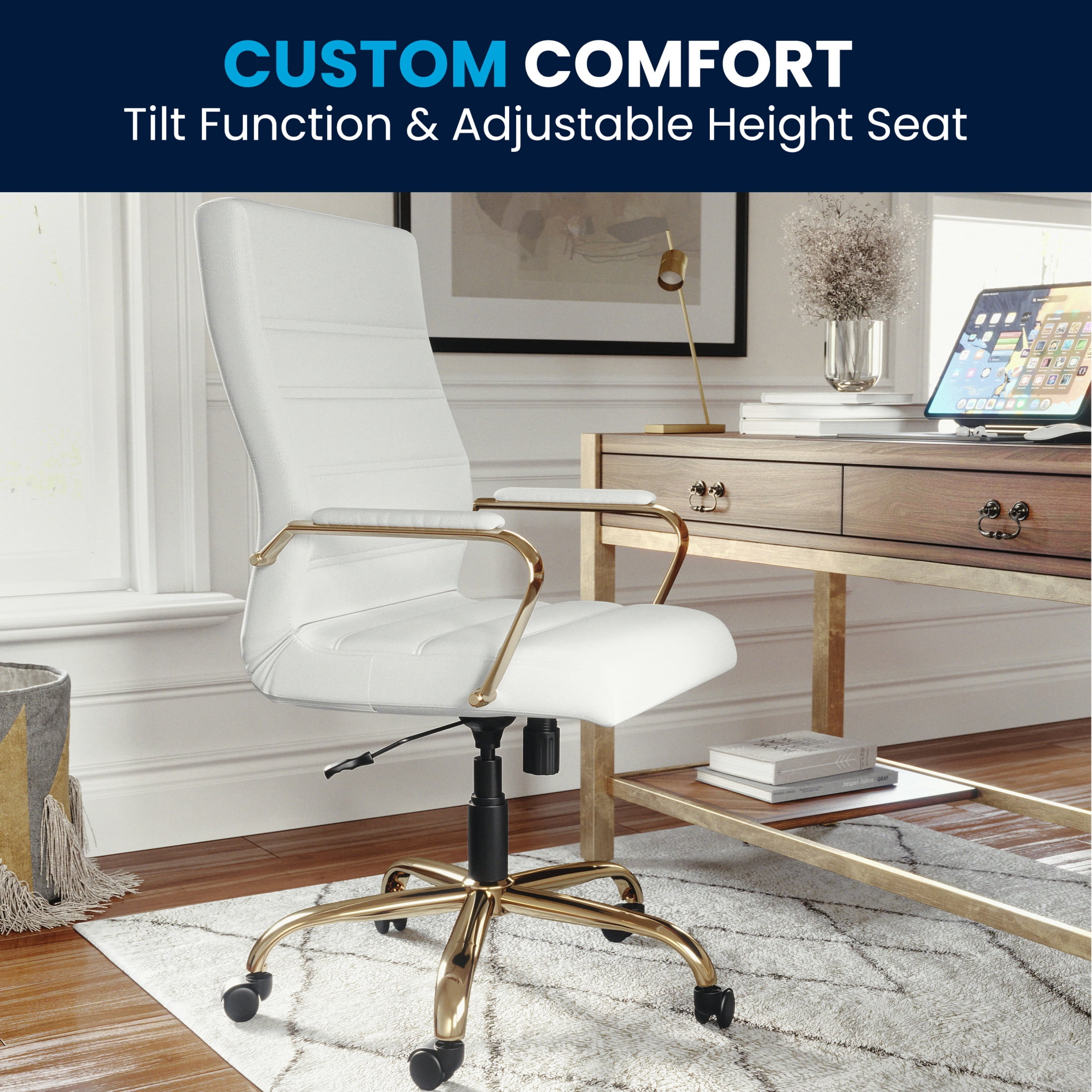 Flash Furniture Whitney High-Back Swivel LeatherSoft Desk Chair with Armrests, White/Gold
