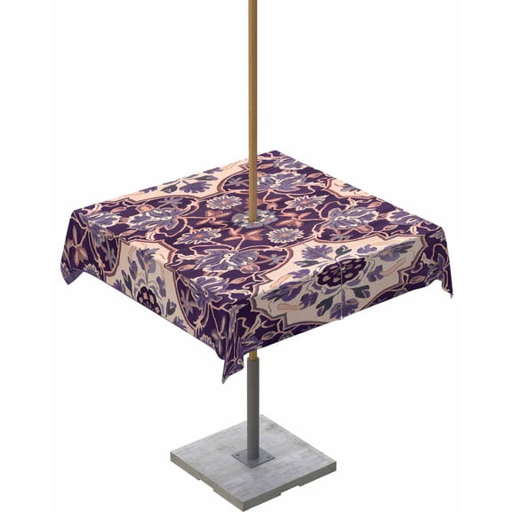 Outdoor Tablecloth with Umbrella Hole for Patio/Picnic/Party/Camping, Purple Boho Waterproof Table Cloth Square Cover Washable, Farmhouse Ethnic Abstract Floral Pattern 54"x 54"