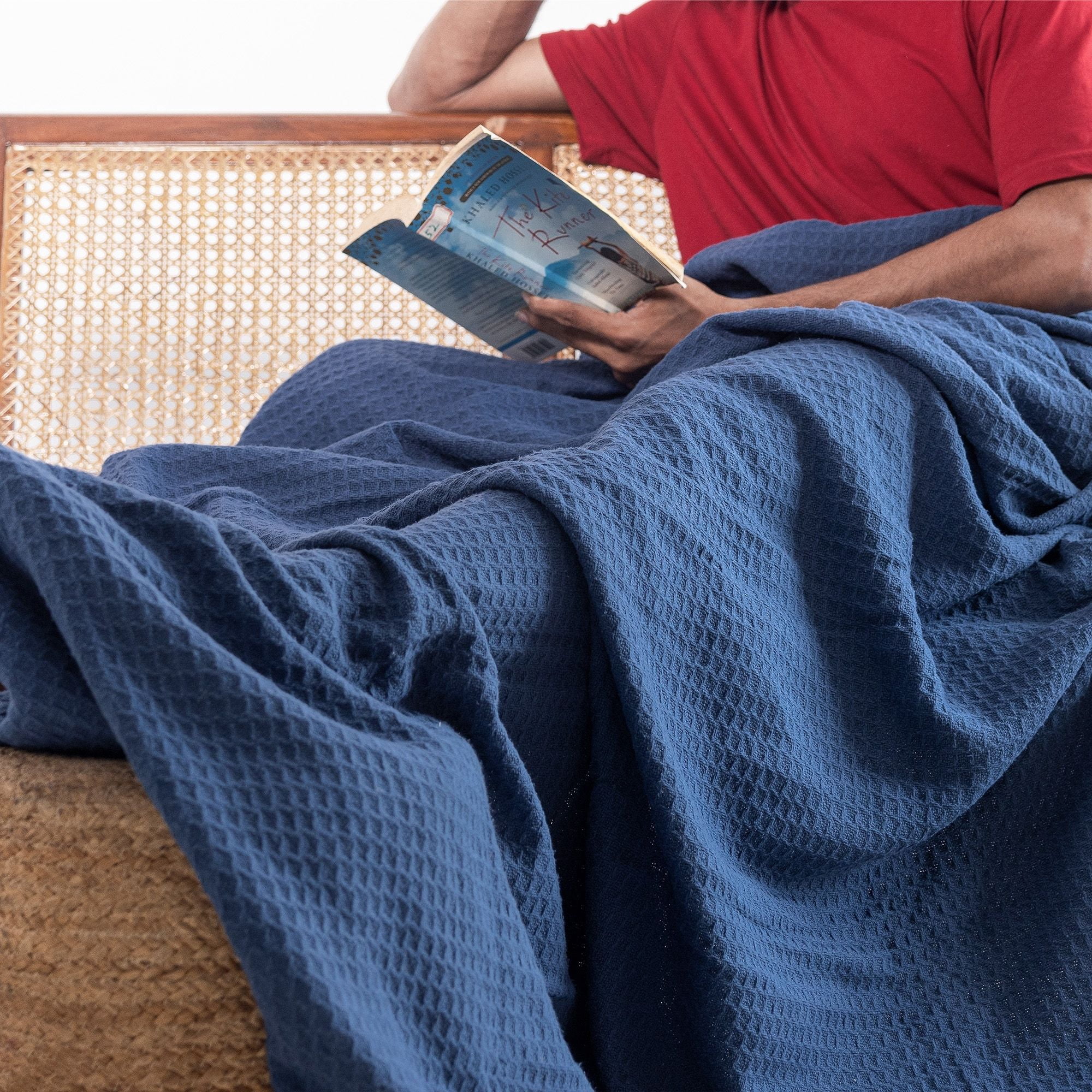 Top Cotton Twin Waffle Throw Blanket for Couch (68" x 92"), 100% Cotton Throw Blankets for Bed, Waffle Blanket for Bed (Navy)