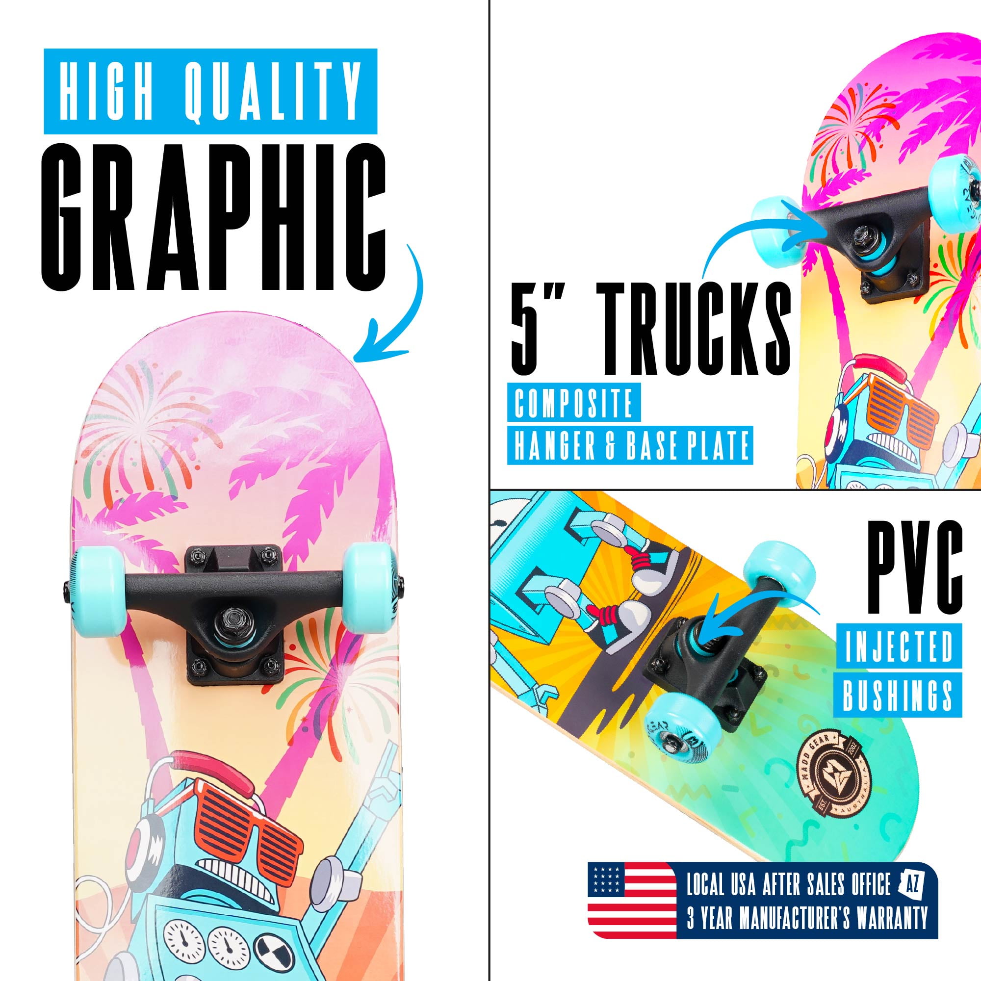 Madd Gear 31 x 7 Inch Double Kicktail Beginner Complete Skateboard with Maple Deck