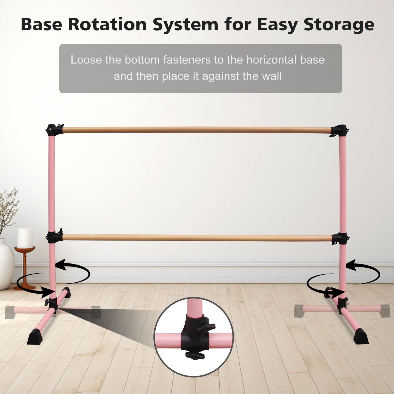 Solid Wood Ballet Barre 6FT with Adjustable Height 6.7-46 Inches, Professional Dance Practice Barre with Rotatable Base for Home, Studio, Adjustable, Pink