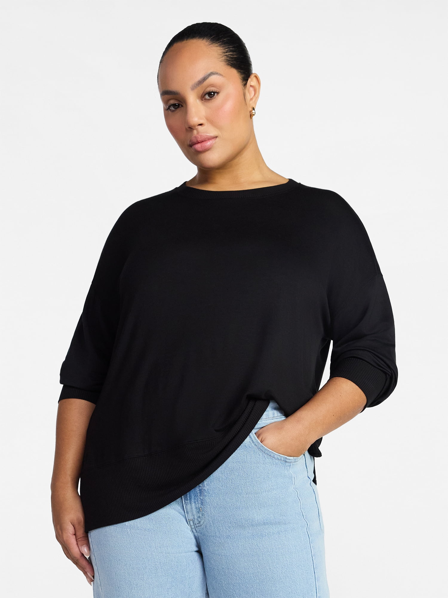 Time and Tru Women's French Terry Tunic Top with Long Sleeves, Sizes XS-XXXL