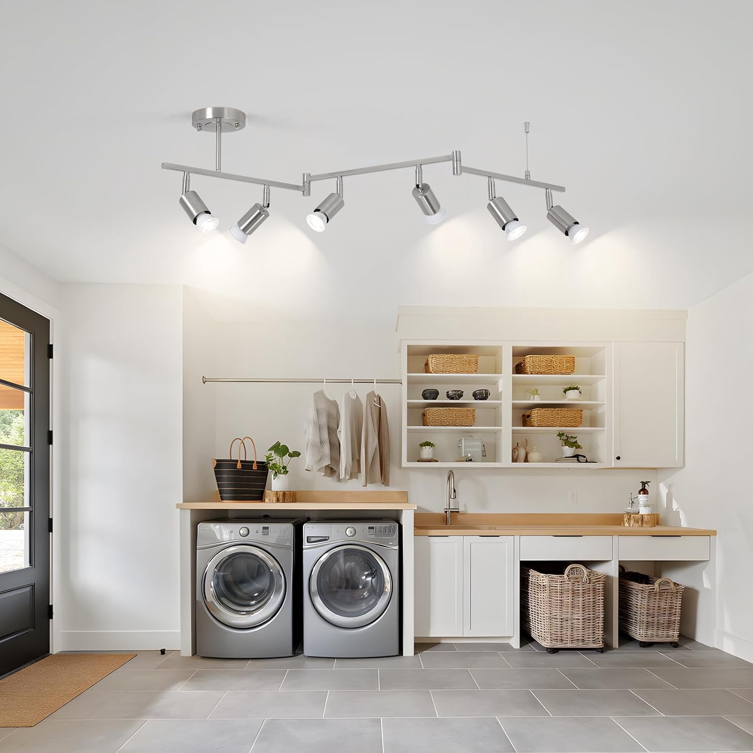 6-Light Nickel Track Lighting Fixture Ceiling, Modern LED Track Lighting with Flexible Foldable Arm and Rotatable Light Head, Adjustable Ceiling Light for Kitchen Islands, Dining Rooms