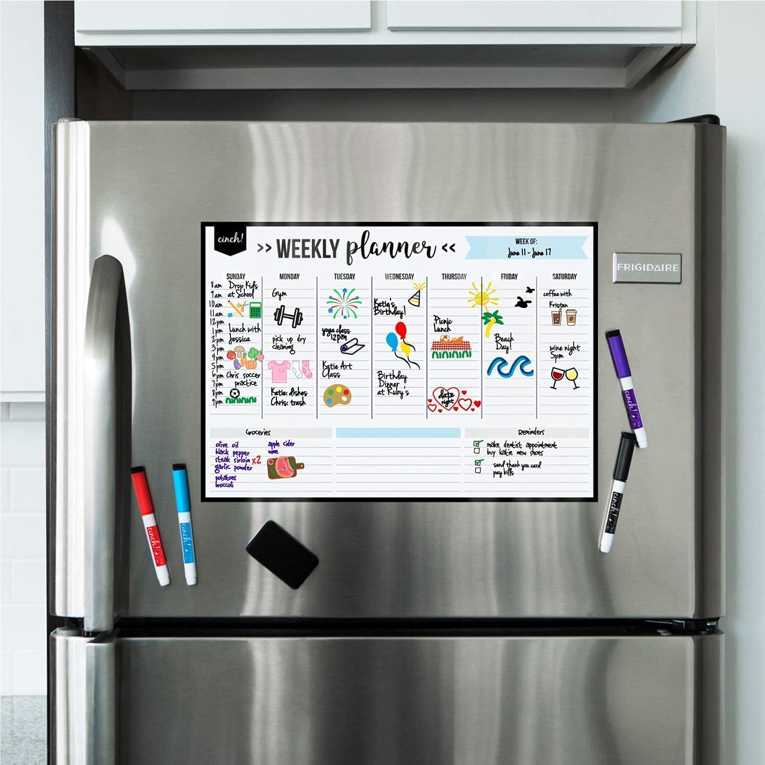 Cinch Magnetic Dry Erase Whiteboard Sheet For Kitchen Fridge With Stain  17x11In