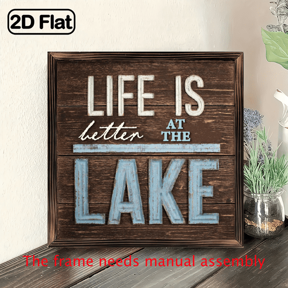1pc Rustic Farmhouse Wall Decor - Life is Better at the Lake Wooden Sign in Brown Turquoise, Lake House Living Room, Cabin, Tabletop or Wall Decoration - Father's_Mother's Day Gift - 8x8 Inches