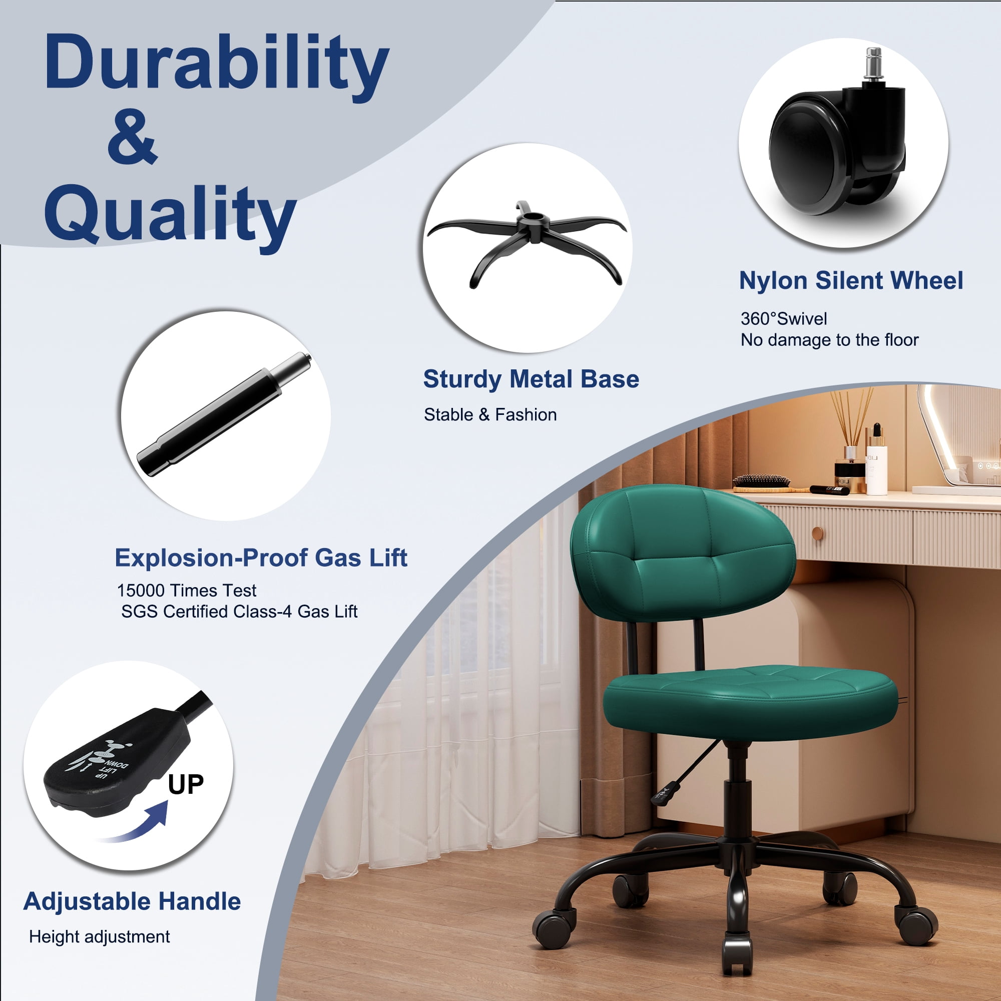 Misolant Vanity Chair with back, Small Armless Cute office Chair with wheels and Lumbar support, Comfy PU Leather Desk Computer Chairs with Adjustable Height, 360°Swivel for Home Bedroom Office