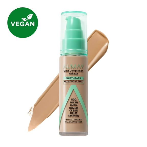 Almay Clear Complexion Foundation Makeup, Hypoallergenic, 500 Fresh Beige, 1 fl oz