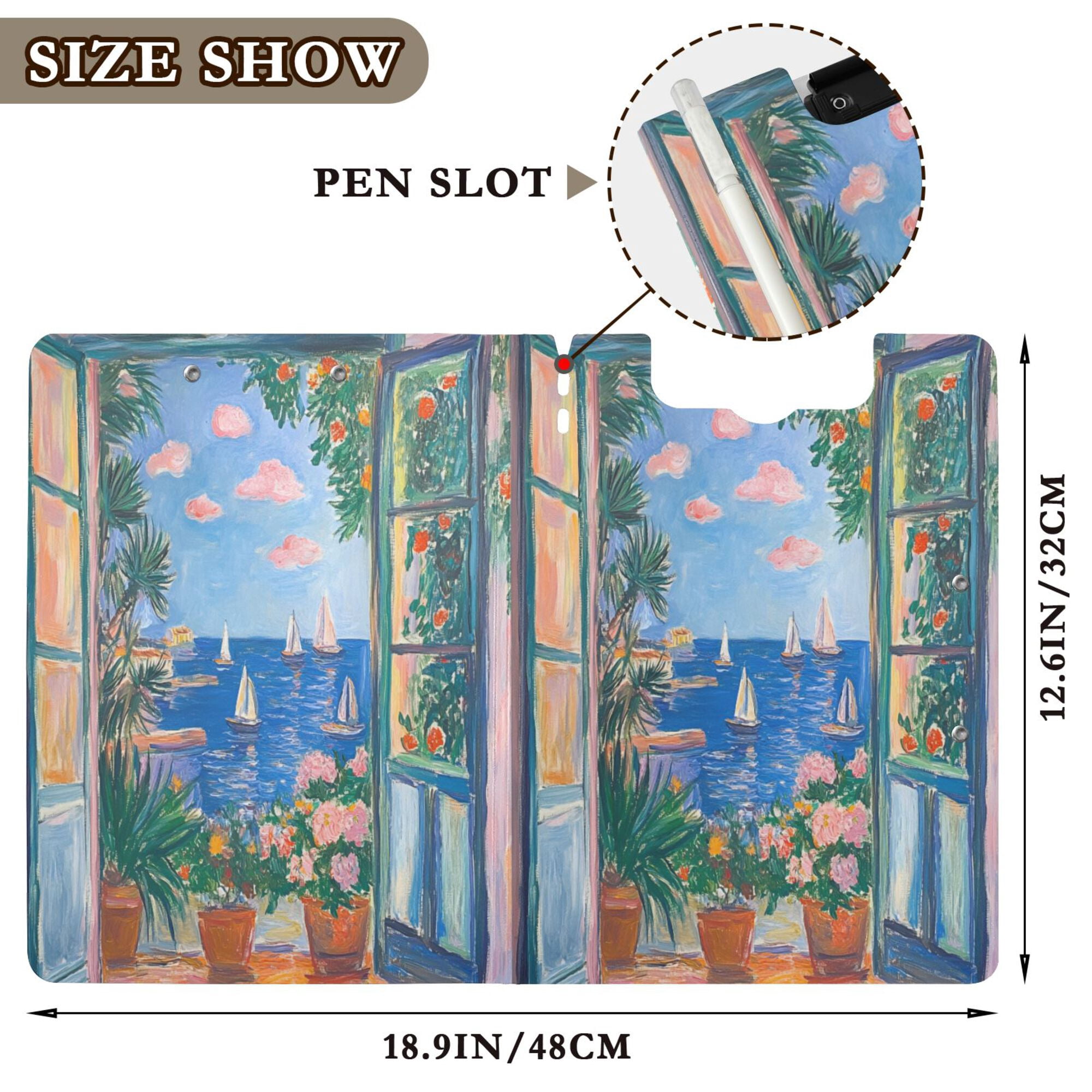 FORMRS A4 Clipboard Folder with Pen Holder Horizontal Foldable School Office Binder, Sea Window