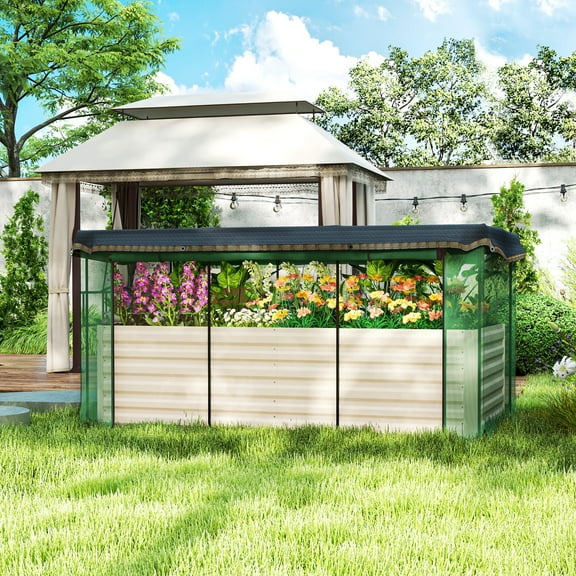 Outsunny Galvanized Raised Garden Bed, Planter Box with Crop Cage and Shade Cloth, Beige