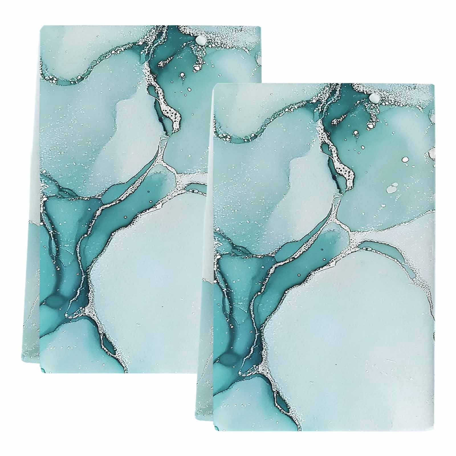 Marble Turquoise Kitchen Towels Set of 2, Abstract Nature Cracks Silver Wavy Absorbent Dish Towels for Kitchen, Microfiber Hand Towel, Quick Drying Tea Towel for Cleaning Decorative Dishcloths
