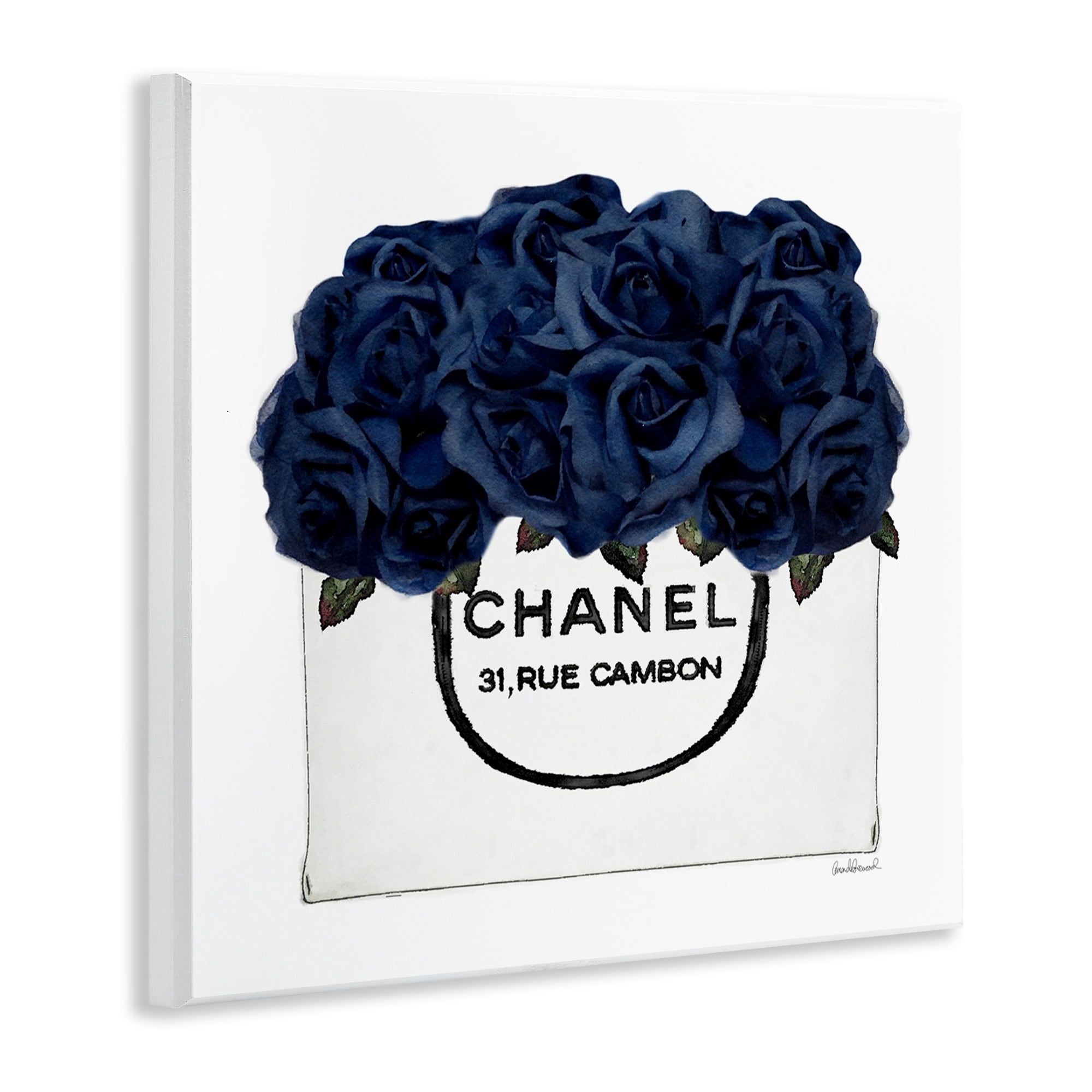 Stupell Industries Chic Navy Blue Roses in Glam Fashion Bag Botanical & Floral Painting Unframed Art Print Wall Art, 12 x 12