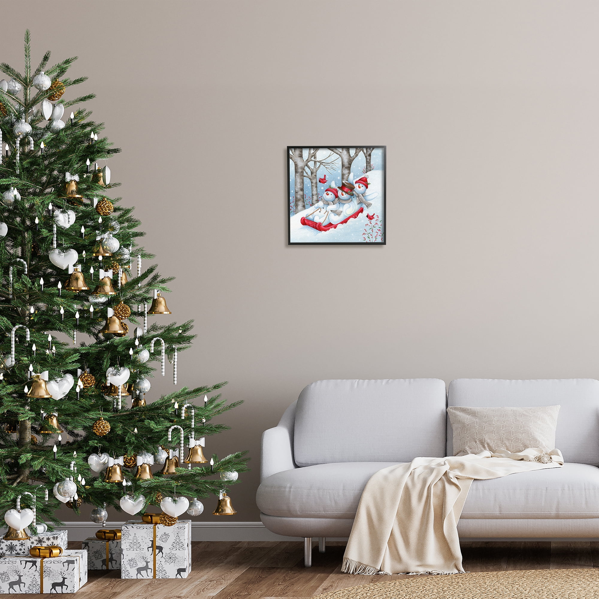 Stupell Industries Happy Snowman Trio Sledding Holiday Painting Black Framed Art Print Wall Art, 17 x 17