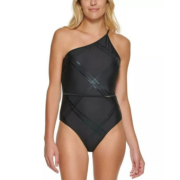 Calvin Klein JUMBO PLAID BLACK Belted One-Shoulder One-Piece Swimsuit, US 16