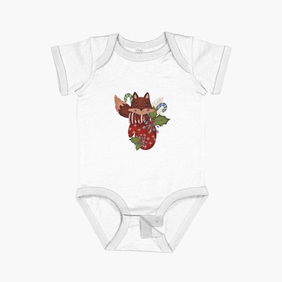 Luvly Cute Fox Inside A Christmas Mitten Short Sleeve Baby One-Piece, New Born, Baby Shower Gift, New Parents Gift