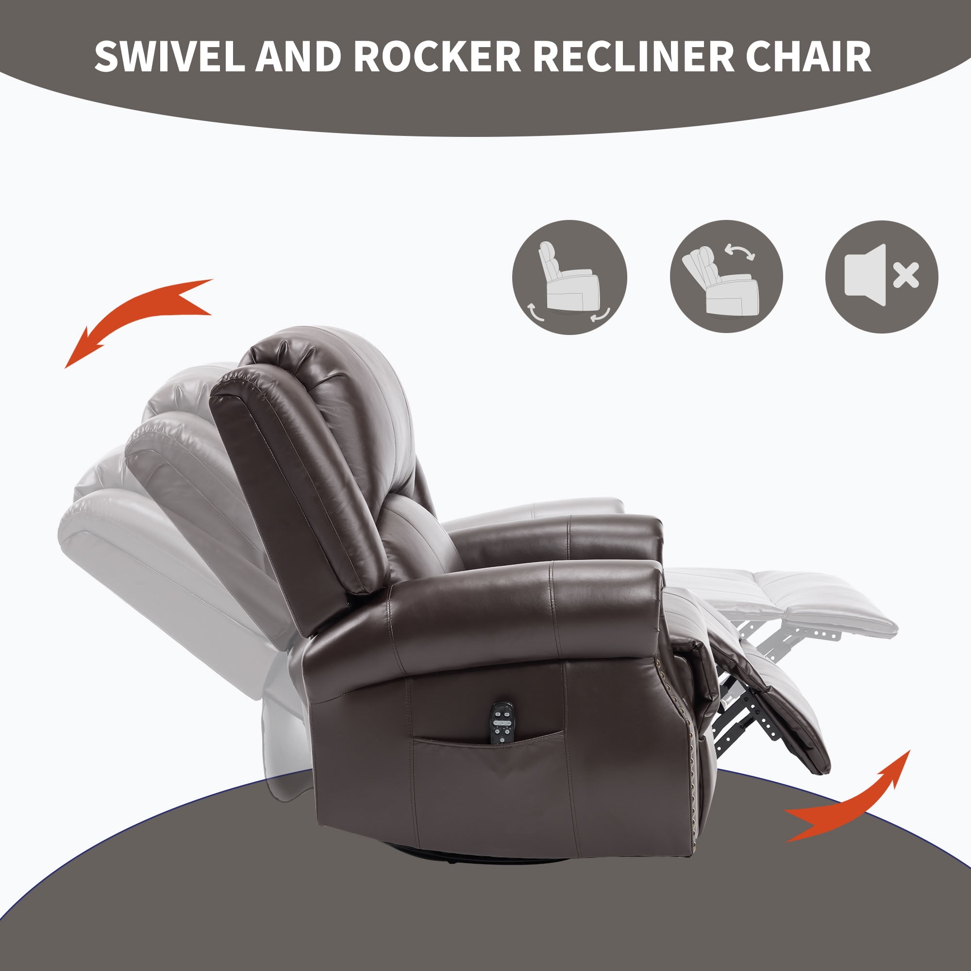 MAYEERTY 360 Degree Swivel Rocker Recliner Chair, Leather Manual Recline Glider Armchair with 8-Point Vibration Massage & Lumbar Heat, 350 LBS Capacity for Living Room Home Theater