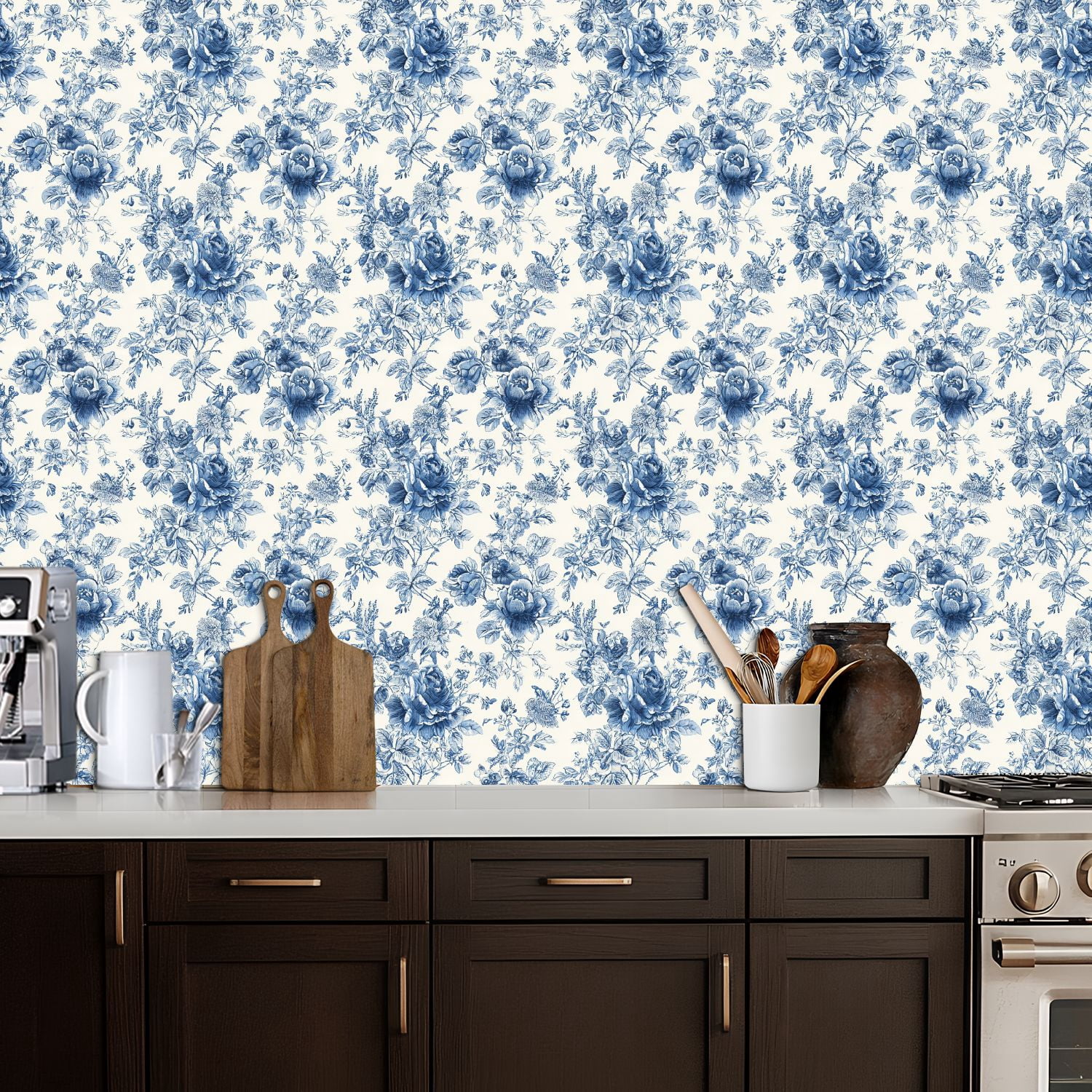 Peel and Stick Wallpaper 17.7in x 9.8ft Blue White Vintage Floral Elegant Botanical Contact Paper Vinyl Waterproof Self Adhesive Wall Paper for Bedroom Shelf Cabinet Renter Friendly