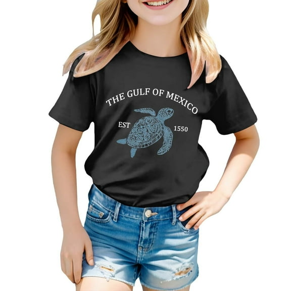 shoper T-Shirts for Girls 12-14 Round Neck Gulf of Mexico Print Short Sleeve Everyday Cute Tops for Teen Girls Little Girls Clothes Black 140