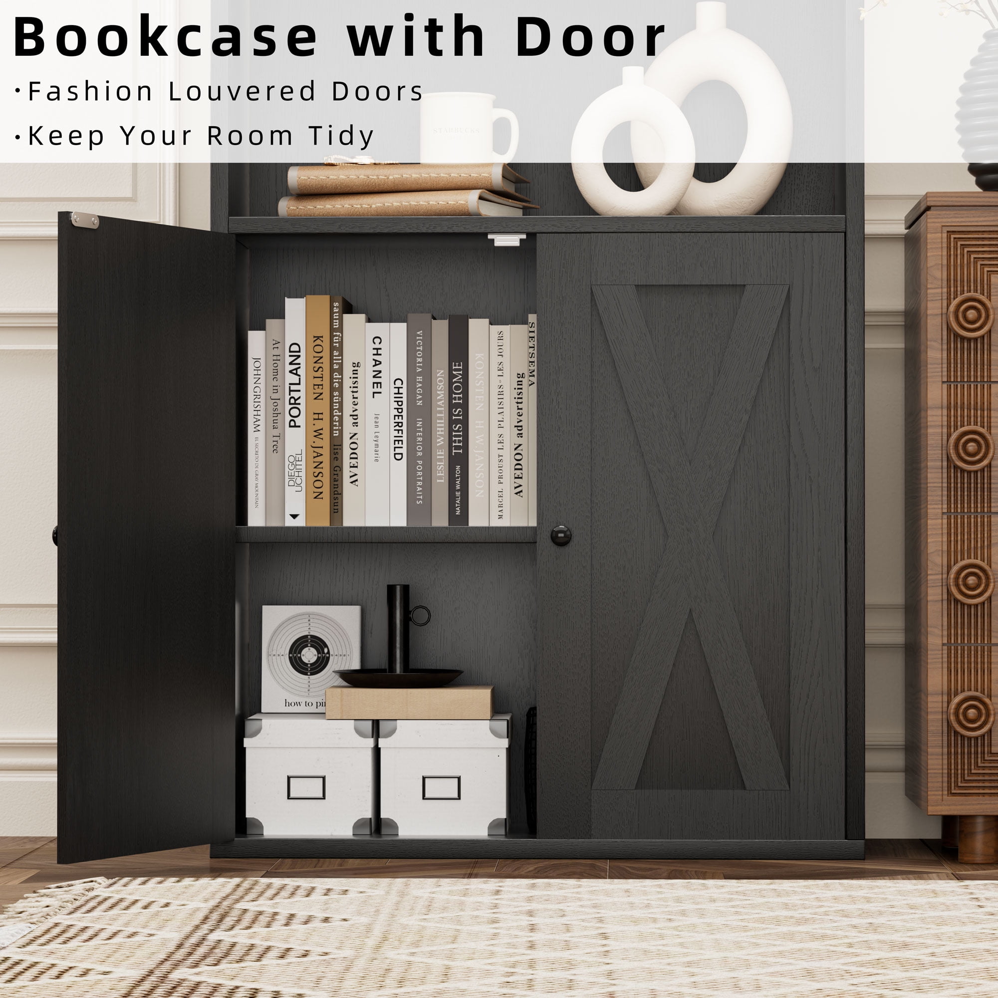 Walsunny Bookcase with Doors, 6-Tier Bookshelf with Storage, Farmhouse Bookshelves with Cabinet, Storage Display Shelf for Living Room Home Office, Black