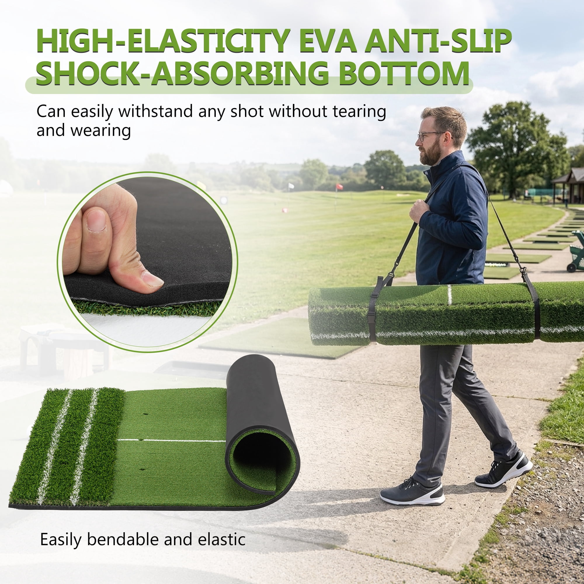 Golf Hitting Mat 5x4-Foot with Guide Line and 9 Tee Positions, Heavy Duty Swing Turf for Indoor and Outdoor Practice, Green