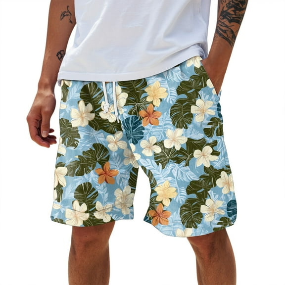 WTOBBY Men's Hawaiian Themed Beach Shorts, Loose Fit Sports Pants for Summer, Large Size with Casual Style, Perfect for Vacation,Cyan L