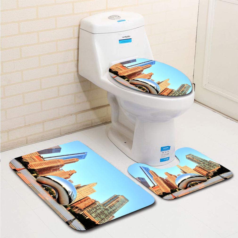 Chicago Bears Bathroom Set 3PCS Bath Rug Toilet Lid Cover Mat Non-Slip Foot Mat 