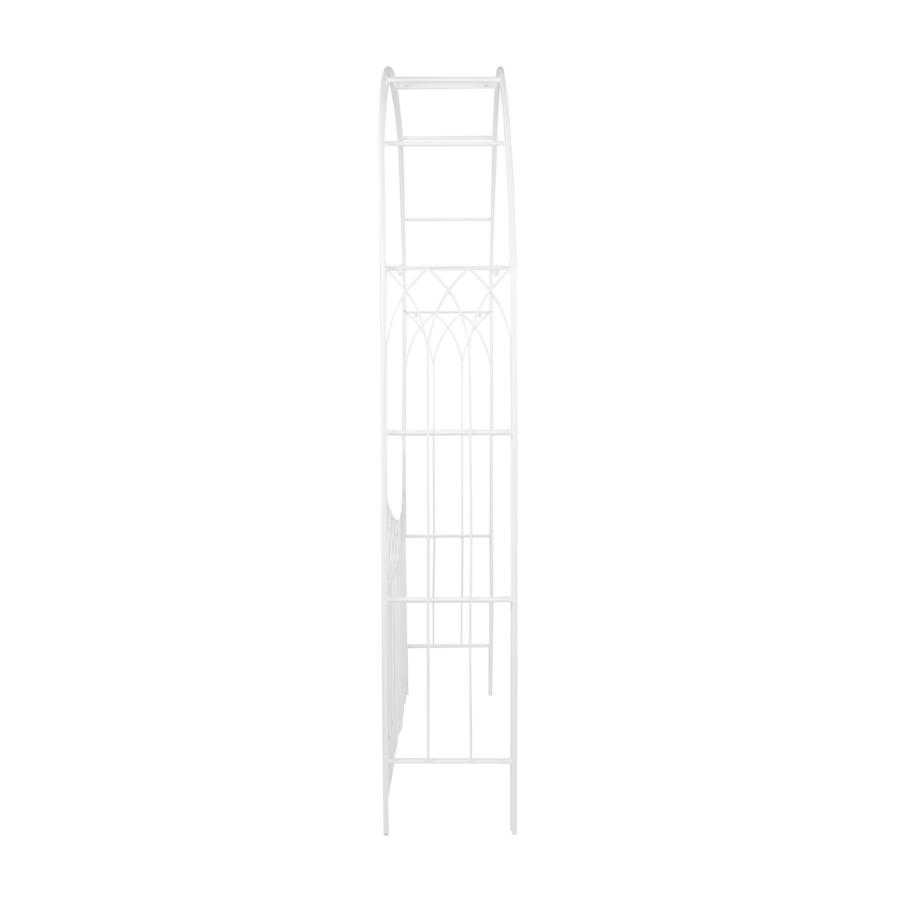DecMode 86" Indoor Outdoor Arched Gate White Metal Garden Arbor with Lattice Work Sides