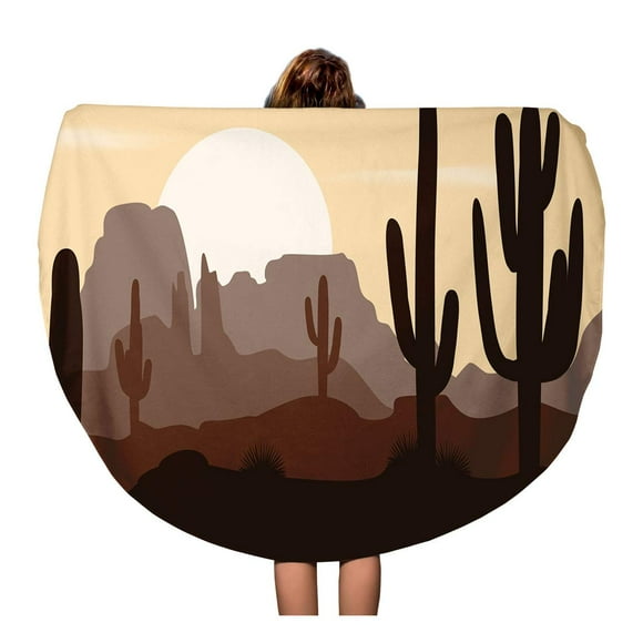 POGLIP 60 inch Round Beach Towel Blanket Cactus Morning Landscape Saguaro Cacti and Mountains Cute Brown Travel Circle Circular Towels Mat Tapestry Beach Throw