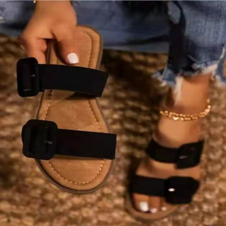 

STEADY Shoes For Woman Casual Suaves Solid Comfortable Sandalias Belt Buckle Slippers Black / 41